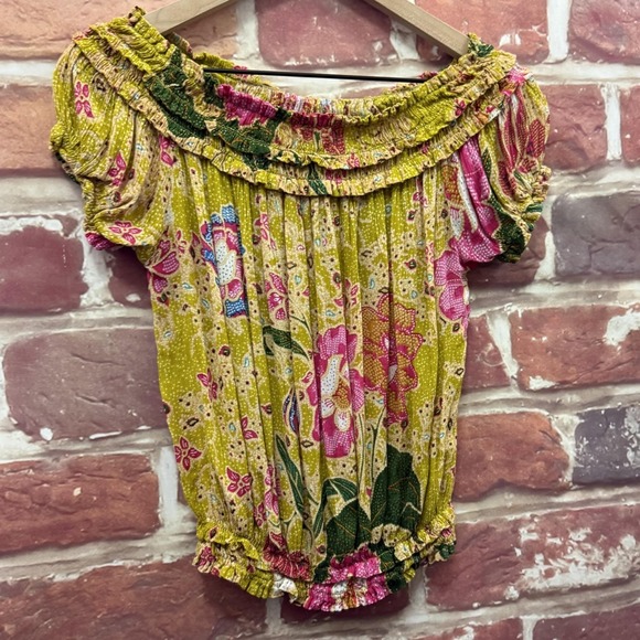 Free People Suki Top Women's S Yellow Multicolor Boho Floral Off Shoulder Shirt - Picture 2 of 9